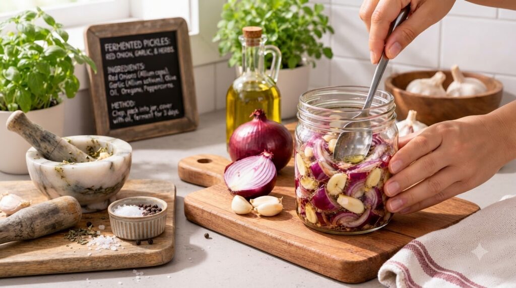 A close-up of a glass jar containing sliced red onions and garlic cloves submerged in oil being stirred by a hand with a