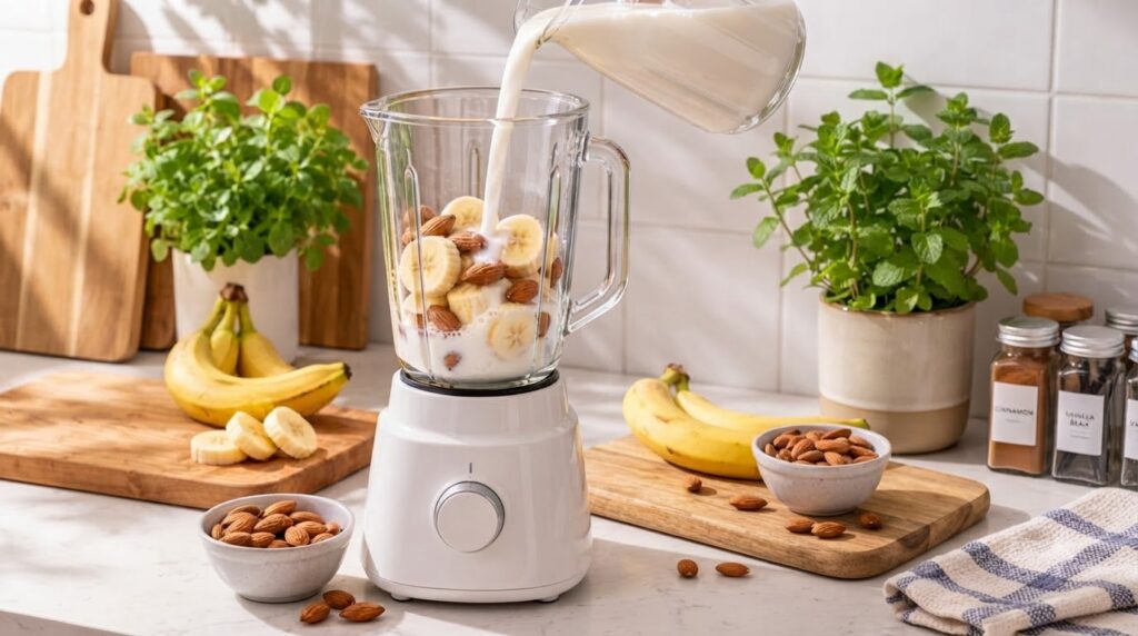 Una licuadora en una encimera de cocina con plátanos y almendras y leche siendo vertida dentro Fondo de cocina luminoso