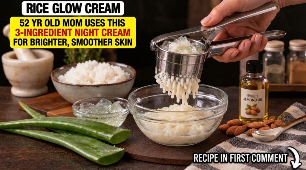 A close-up of a person pressing a creamy rice and aloe vera gel mixture through a ricer into a small glass bowl Cooked r