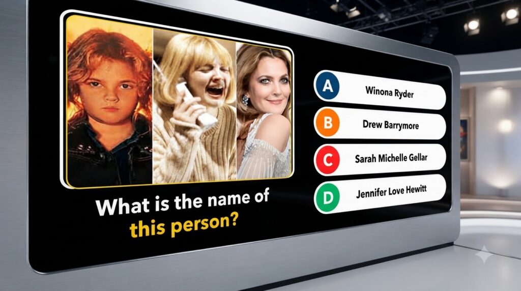 A three-panel collage showcasing Drew Barrymore at different stages of her career as a child with reddish hair as a scre