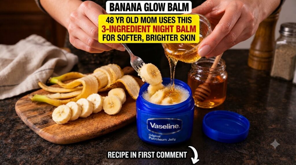 A hand combining sliced bananas honey and Vaseline in a small jar to create a night balm