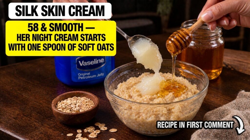 Close-up of hands mixing petroleum jelly ground oats and honey in a glass bowl to create a DIY night cream