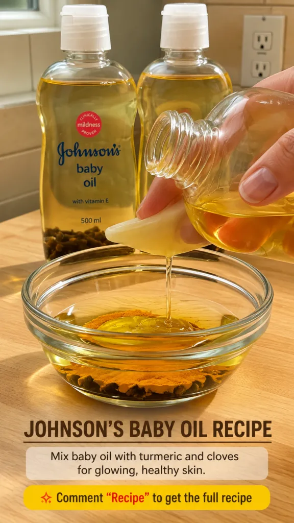 A hand pouring Johnson s baby oil into a clear glass bowl containing vibrant turmeric powder and dark whole cloves on a 