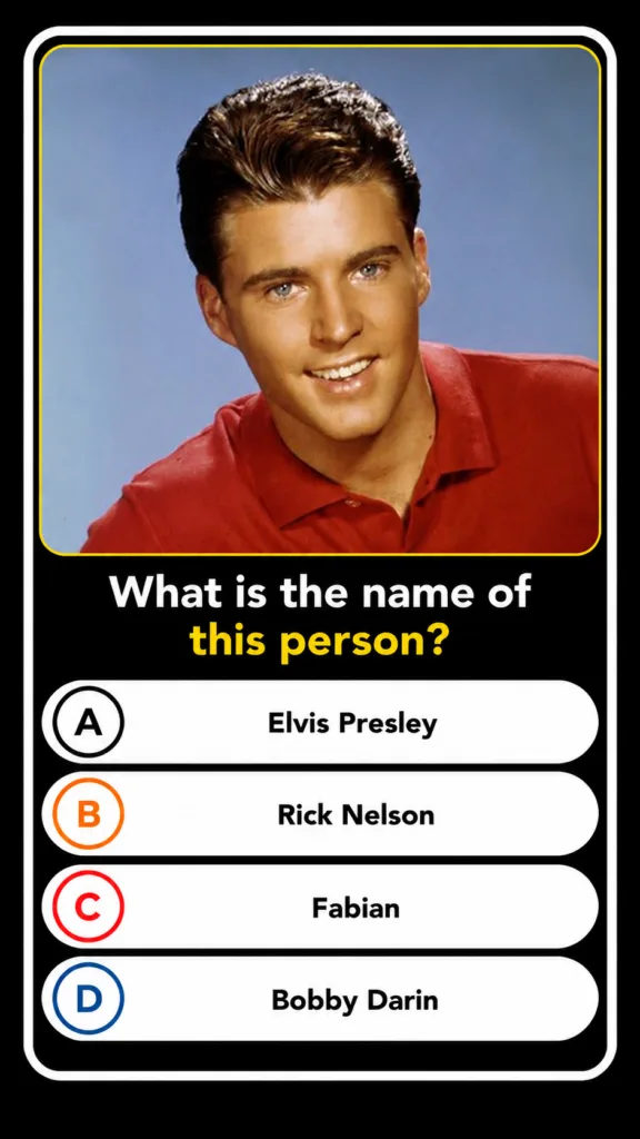 A retro-style quiz card featuring a headshot of a young smiling man with neatly styled brown hair wearing a red polo shi