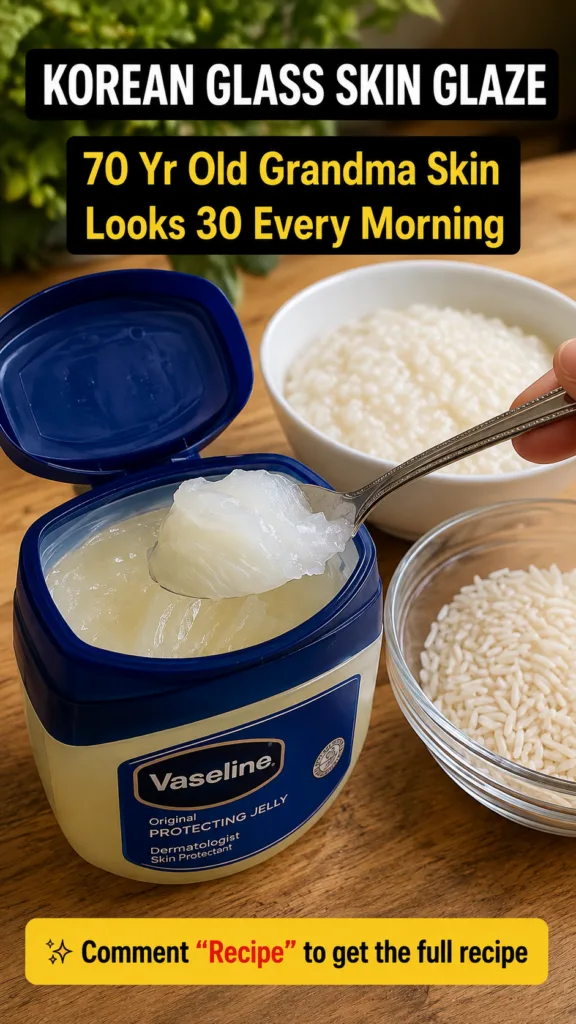 A tub of Vaseline with a spoon scooping out petroleum jelly a bowl of cooked white rice and a glass bowl of uncooked ric