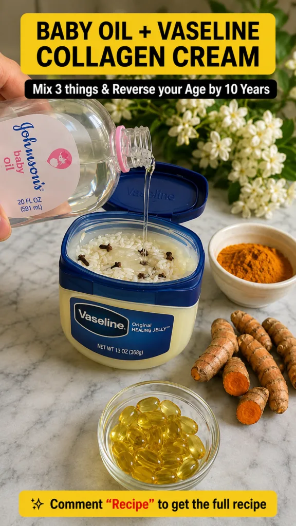 A hand pouring clear baby oil into a small jar of Vaseline Inside the Vaseline white rice grains and dark cloves are vis