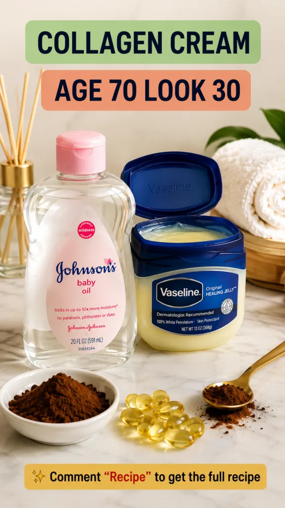 A collection of ingredients for DIY skincare on a marble surface a bottle of Johnson s baby oil a jar of Vaseline a bowl