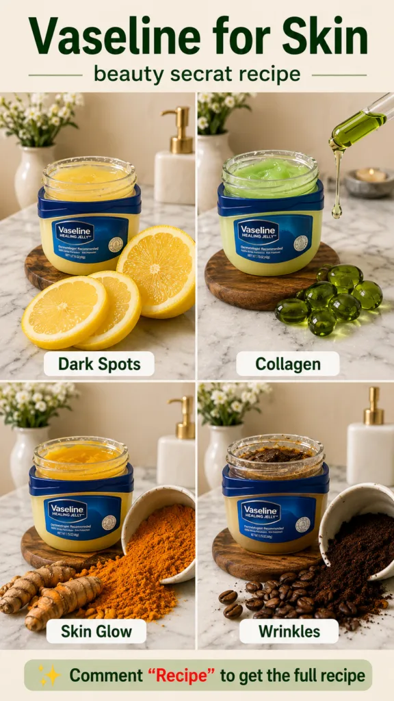 A clean bright grid layout showing four small glass jars Each jar contains Vaseline mixed with natural ingredients one w