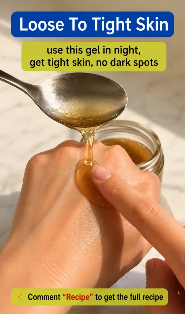 A hand receiving a golden viscous gel from a spoon with a blurred glass jar in the background focusing on the applicatio