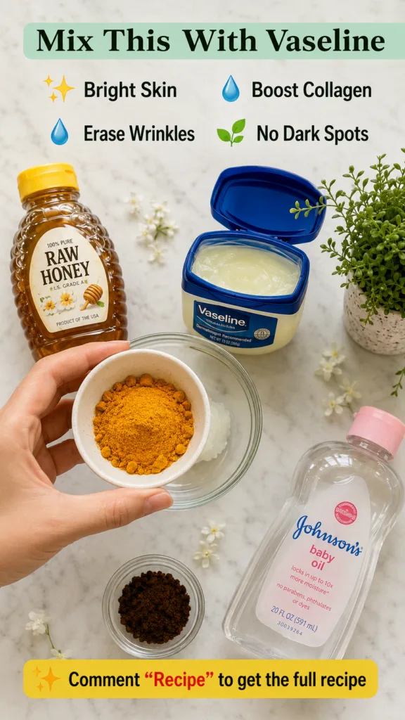 A flat lay image showing a jar of Vaseline a bottle of raw honey a bottle of Johnson s baby oil a bowl of turmeric powde