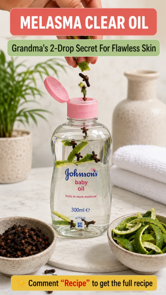 A clear bottle of Johnson s Baby Oil infused with lime peels and cloves A hand is dropping more cloves into the bottle S