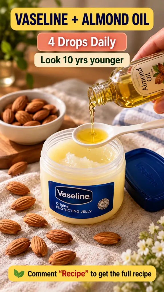 A hand pouring almond oil from a small bottle into a white spoon which already contains some oil positioned over an open