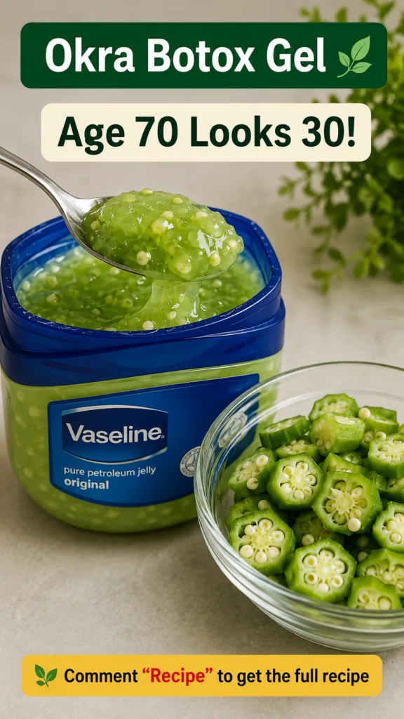 A jar of homemade okra botox gel with a spoon lifting a scoop next to a bowl of fresh sliced okra pods on a bright neutr