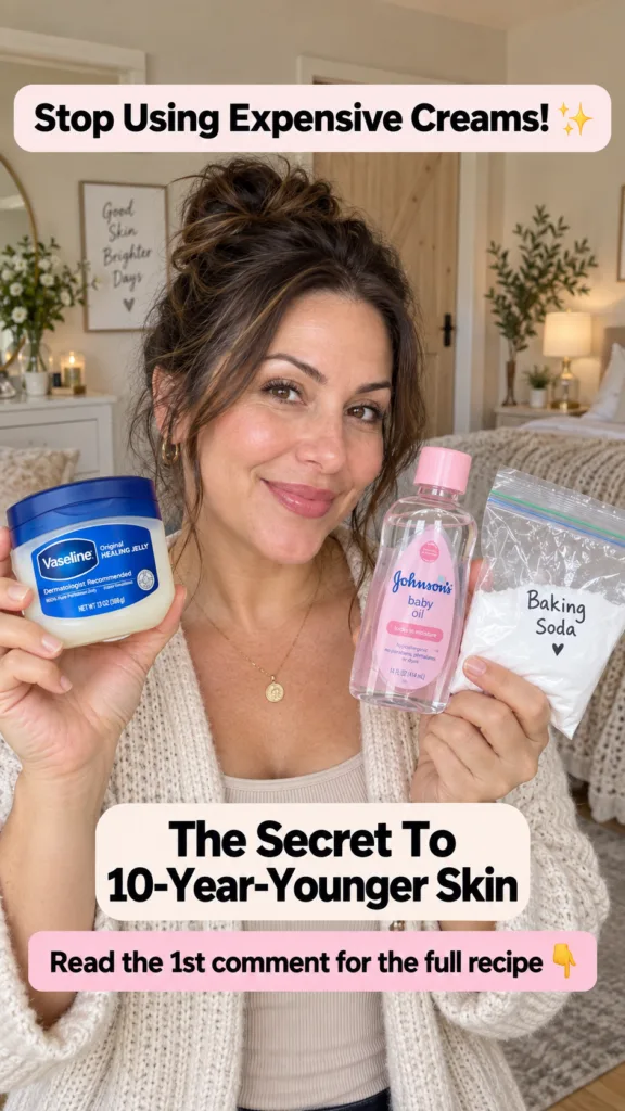 A smiling woman holding Vaseline Johnson s baby oil and a bag of baking soda