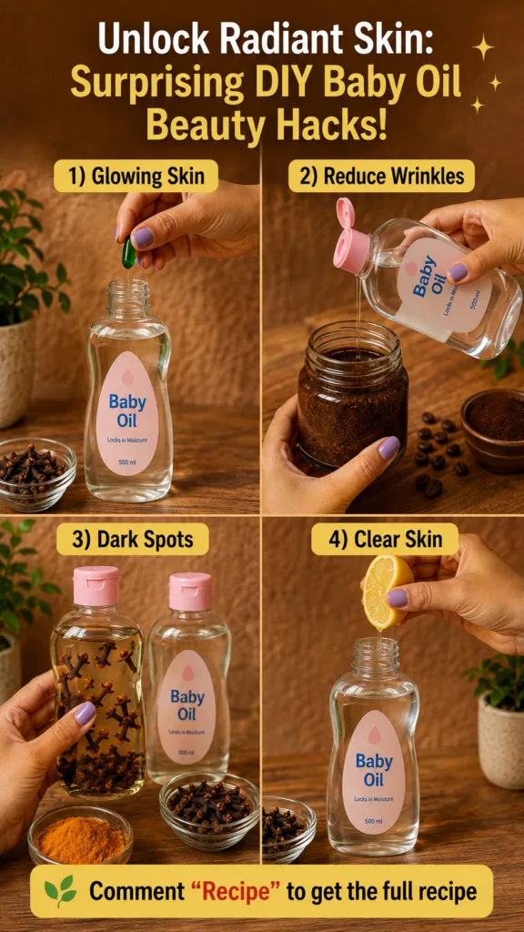 A 2x2 grid showing four different DIY baby oil beauty hacks The top left shows baby oil with vitamin E capsules The top 