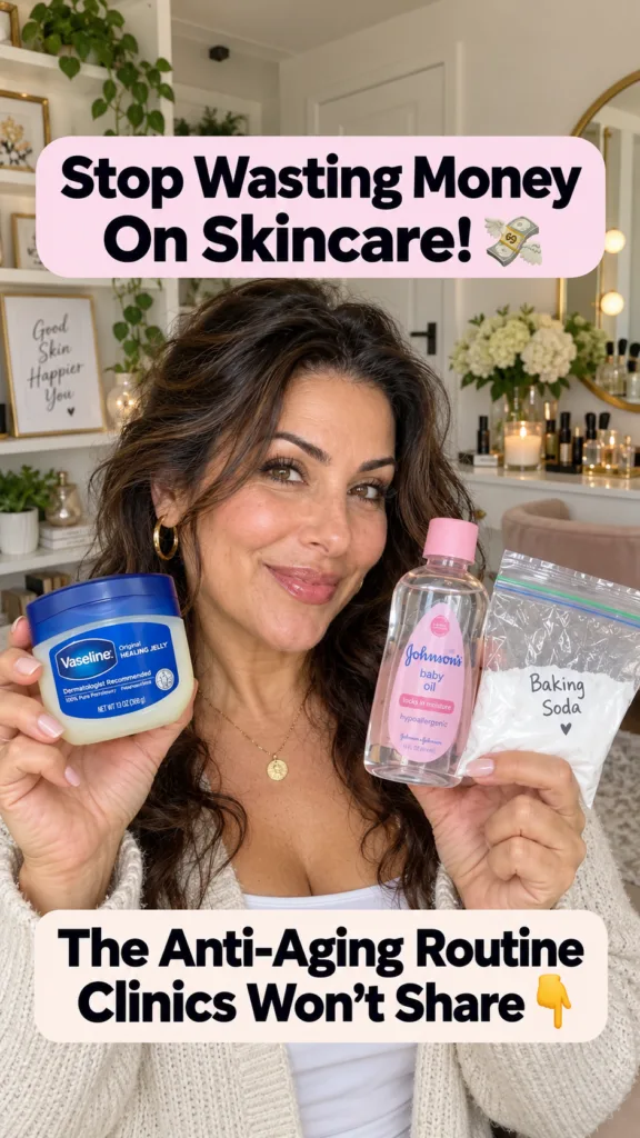 A smiling woman holding up Vaseline Johnson s Baby Oil and Baking Soda against a bright clean background