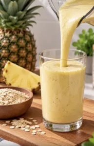 A vibrant light yellow smoothie is being poured from a blender pitcher into a clear glass A whole ripe pineapple a fresh