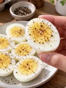 Close-up of several halved hard-boiled eggs generously seasoned with freshly ground black pepper One egg half is promine