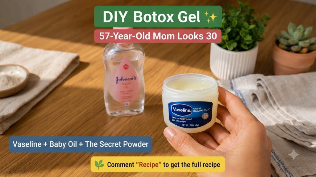 A person holding an open jar of Vaseline Original Healing Jelly with a bottle of Johnson s baby oil a small potted plant