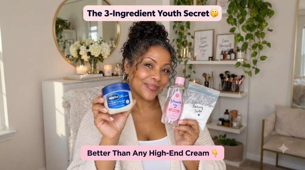 A smiling woman holding up Vaseline Johnson s Baby Oil and Baking Soda looking directly at the camera The background is 