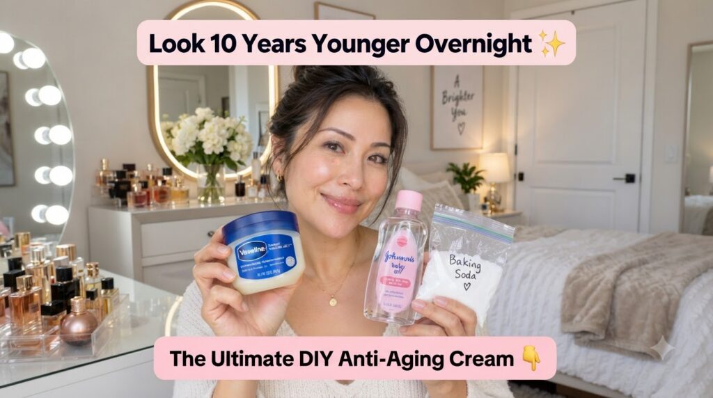 A smiling woman holds Vaseline Johnson s Baby Oil and baking soda She is looking directly at the camera in a cozy bedroo