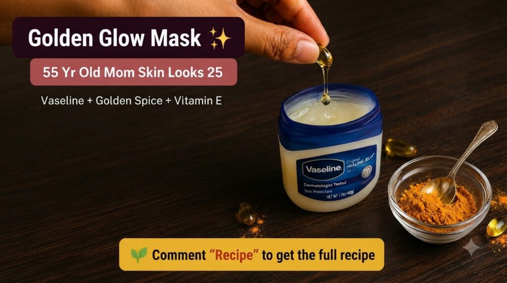A close-up overhead shot of ingredients for a Golden Glow Mask on a dark wooden surface A hand is squeezing a golden vit