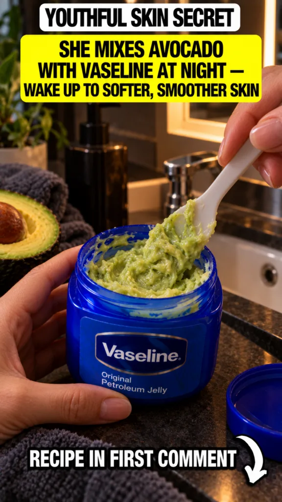 A close-up of a blue Vaseline jar filled with a green mashed avocado mixture with a white spoon partially submerged In t