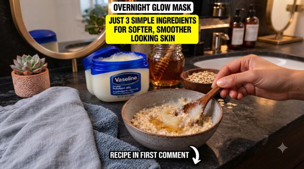 A close-up of a hand stirring a bowl of mixed oatmeal petroleum jelly and honey with a wooden spoon In the background ja