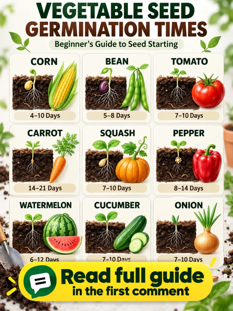 An infographic titled Vegetable Seed Germination Times showing nine different vegetables Corn Bean Tomato Carrot Squash 