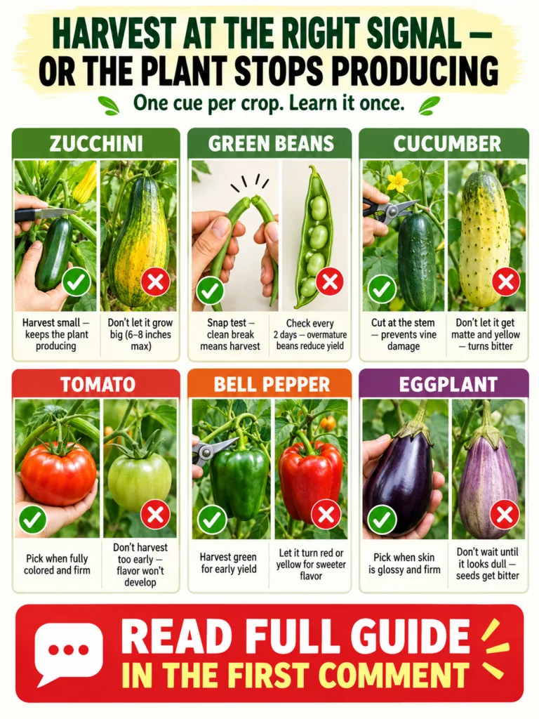 An infographic detailing correct and incorrect harvesting stages for zucchini green beans cucumber tomato bell pepper an