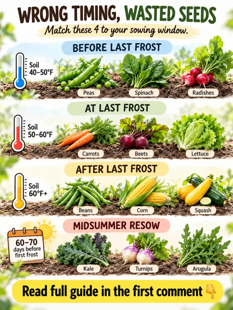 An infographic showing optimal vegetable planting times for various crops based on soil temperature and seasonal conditi