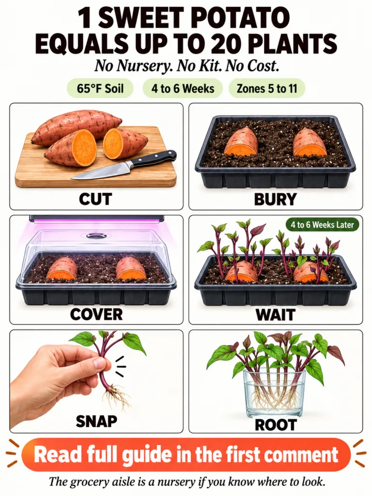 An infographic showing a six-step process for propagating sweet potato plants from a single sweet potato with illustrati