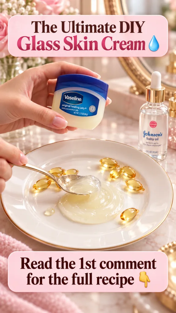 Close-up of hands mixing Vaseline baby oil and vitamin E from a golden capsule in a small white bowl or plate with the b