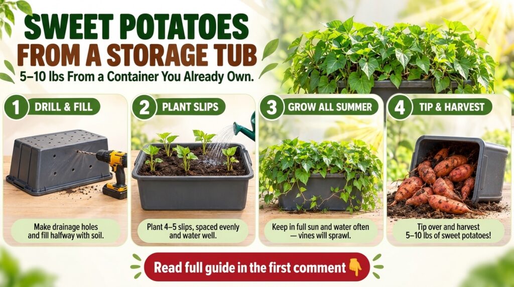 A four-panel infographic demonstrating the steps of growing sweet potatoes in a storage tub from preparing the tub to ha