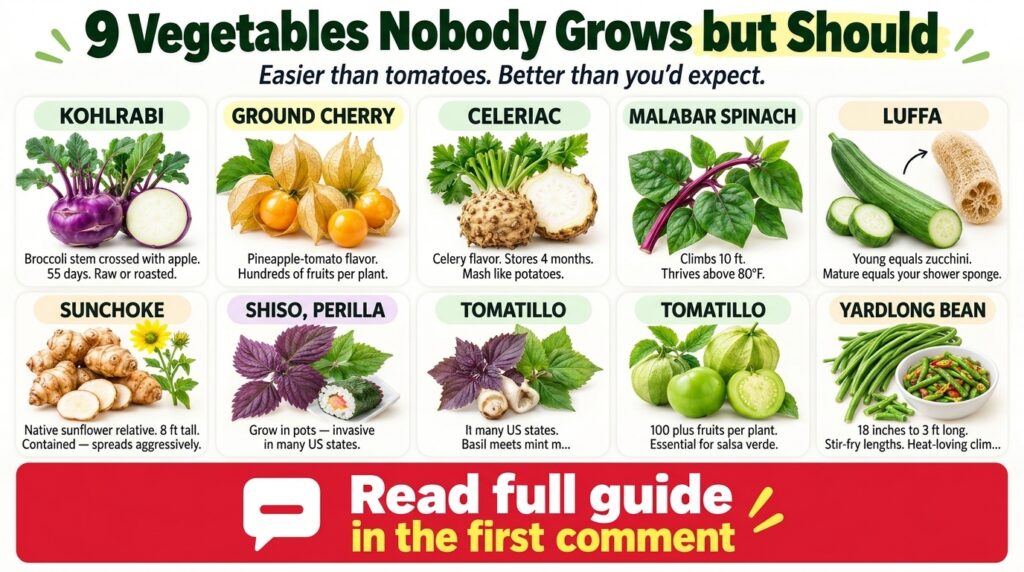 An infographic showing nine different unique vegetables Kohlrabi Ground Cherry Celeriac Sunchoke Malabar Spinach Luffa S