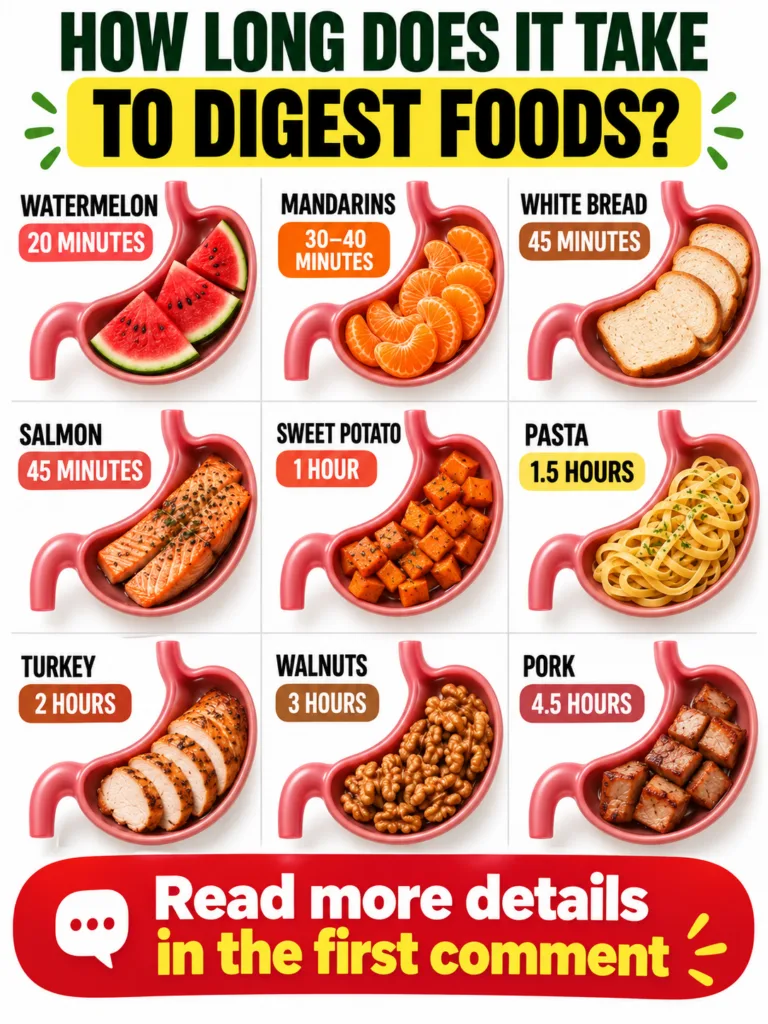 Infographic showing various foods inside stylized human stomach outlines with their estimated digestion times titled HOW