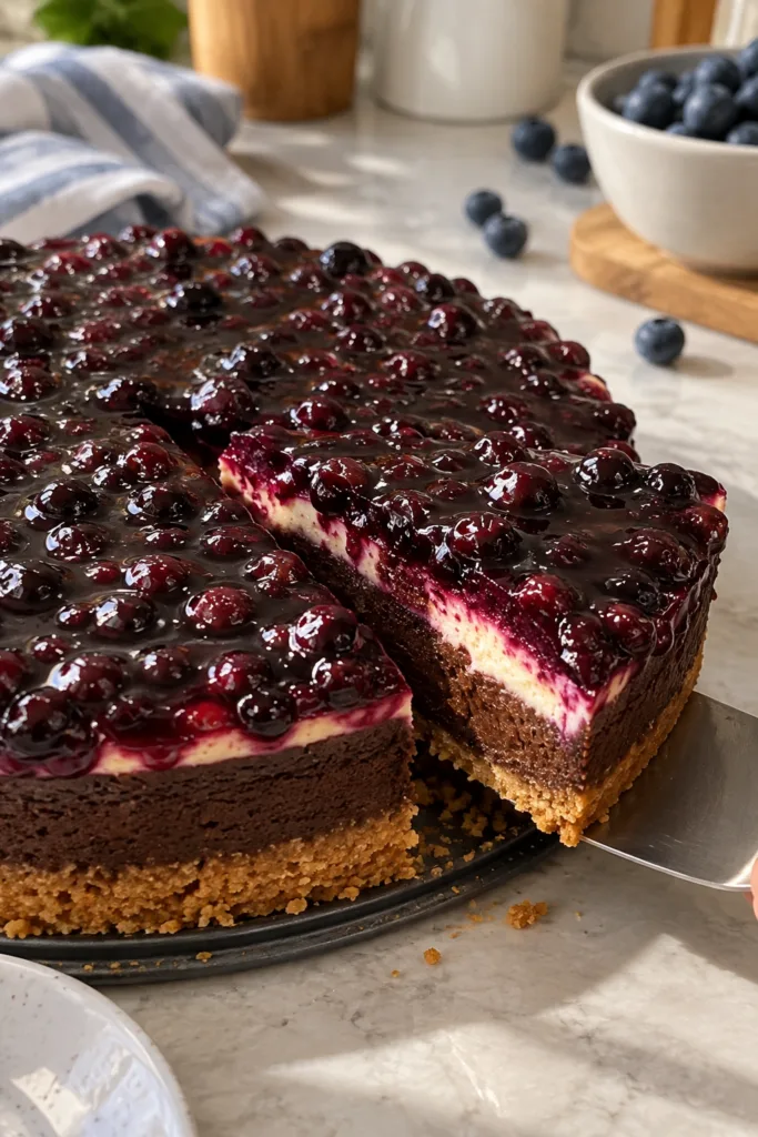 A decadent blueberry cheesecake with a slice being served featuring a thick chocolate crust creamy white layer and gloss