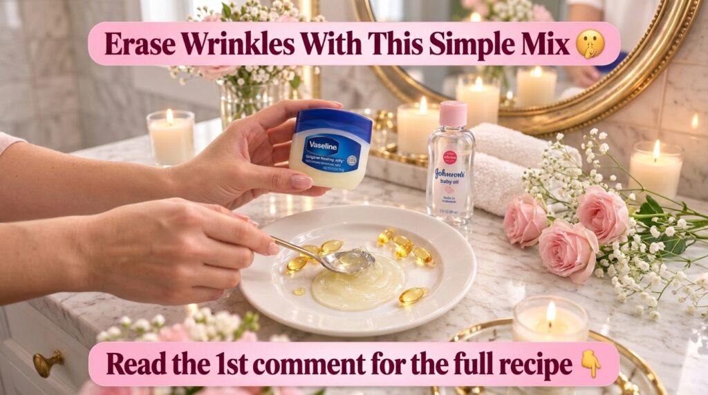 Hands mixing Vaseline baby oil and vitamin E capsules on a white plate with candles and roses in the background