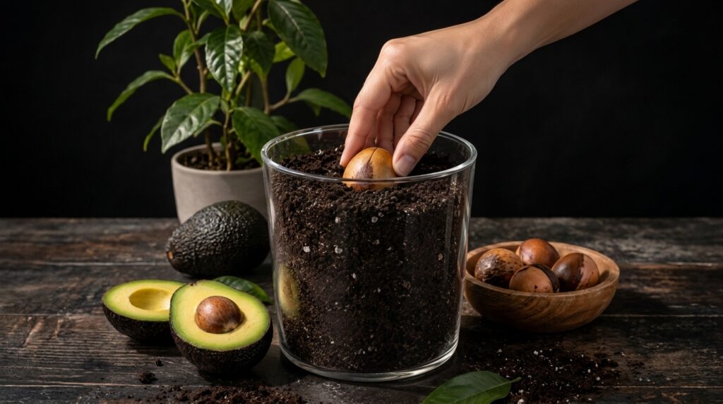 A hand gently placing an avocado seed into a clear glass container filled with dark soil with halved and whole avocados