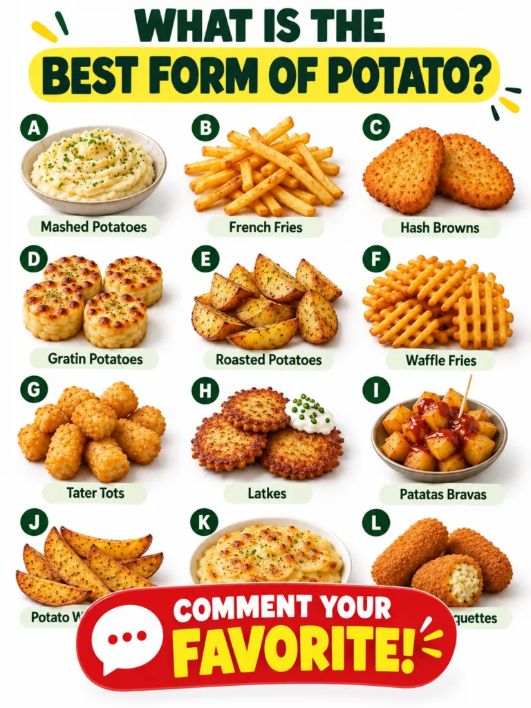 A clean grid showcasing twelve distinct potato dishes each clearly labeled with its name such as Mashed Potatoes French 
