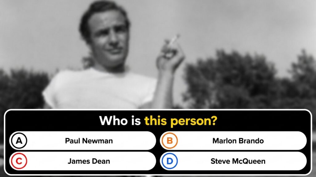 A black and white image of Humphrey Bogart smoking a cigarette as seen in a mobile quiz interface with a question below 