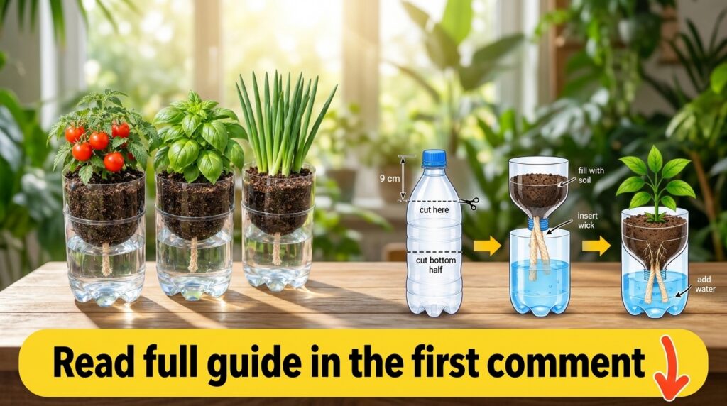A composite image showing three DIY self-watering planters made from plastic bottles with cherry tomatoes basil and gree