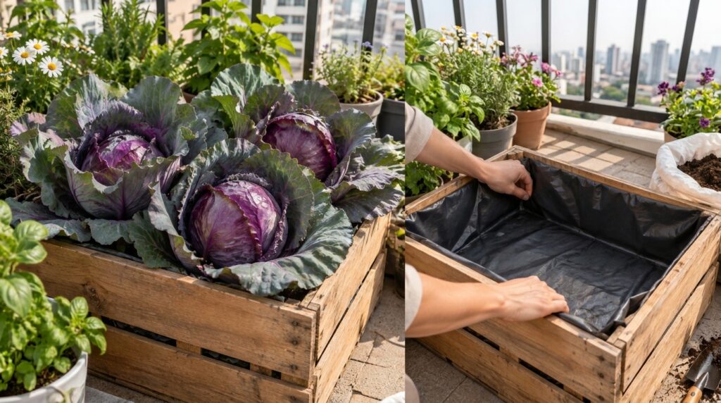 A person s hands preparing a wooden planter box lined with black plastic with another planter overflowing with purple ca