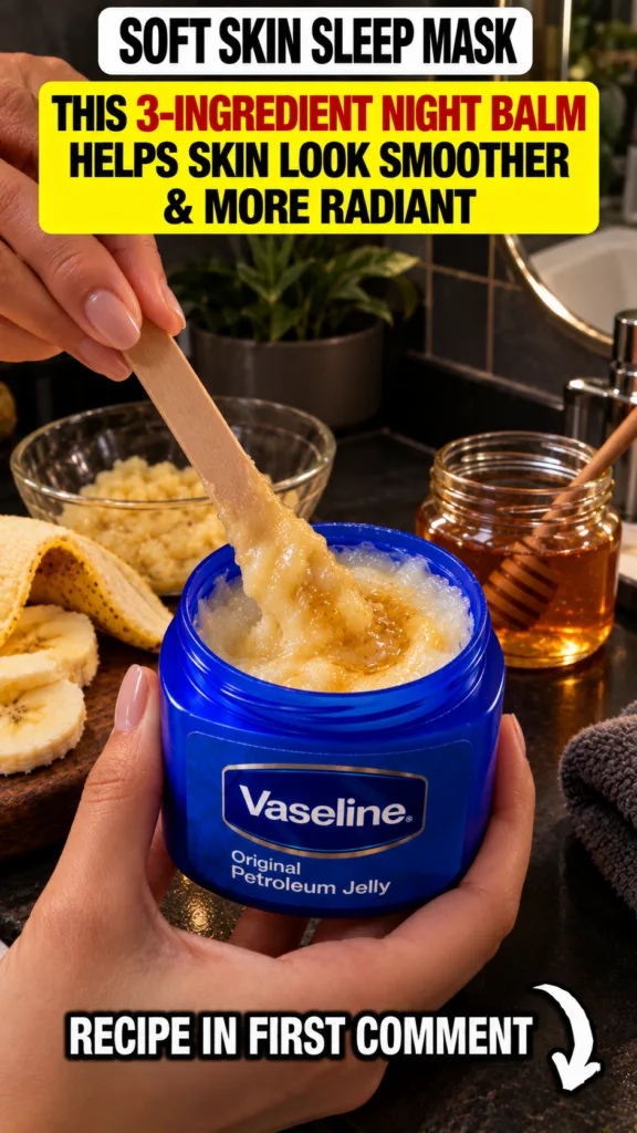 Hands mixing a homemade skin balm in a blue Vaseline jar with a wooden stick surrounded by sliced bananas mashed banana