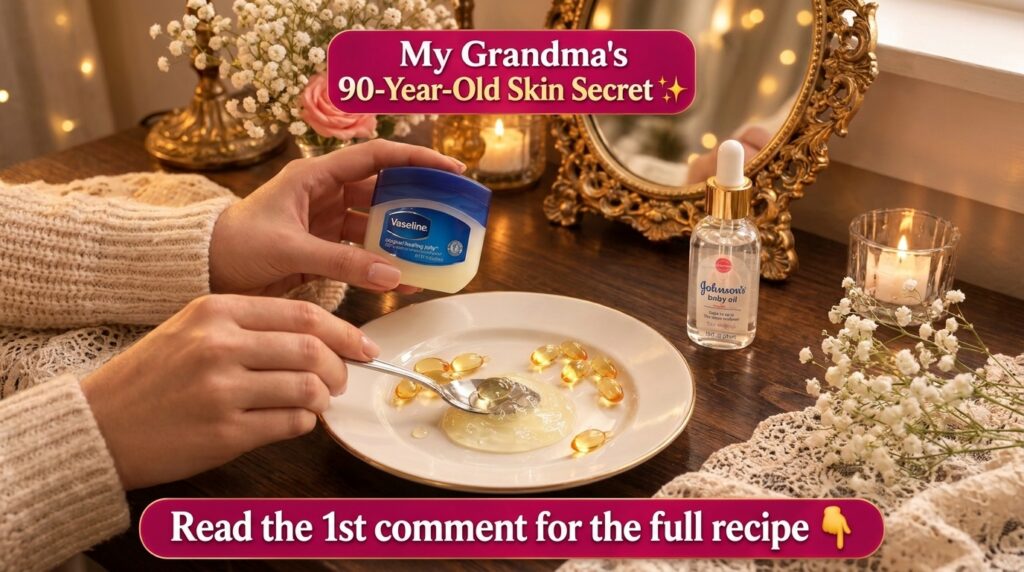A hand holding a jar of Vaseline above a white plate containing a mixture of Vaseline yellow oil capsules and a spoonful