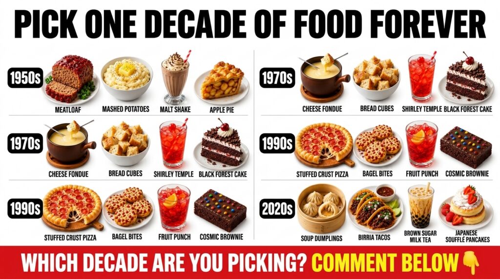 A vibrant grid of popular food and drink items neatly categorized by decade from the 1950s to the 2020s Each decade feat