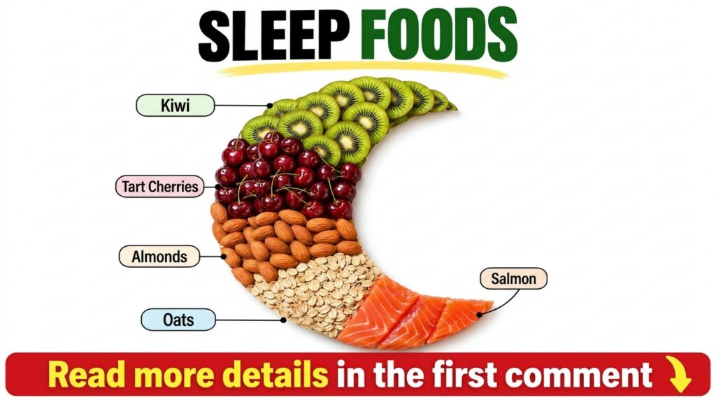A graphic showing sleep foods arranged in a crescent moon shape with labeled sections of sliced kiwi tart cherries almon