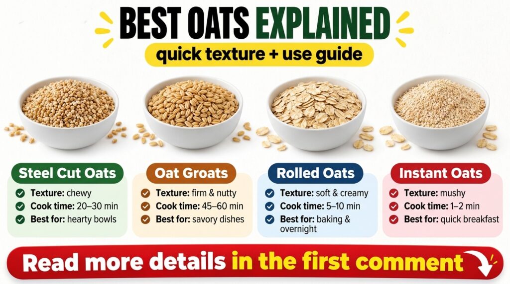 An infographic comparing four types of oats Steel Cut Oat Groats Rolled Oats and Instant Oats each in a white bowl with 