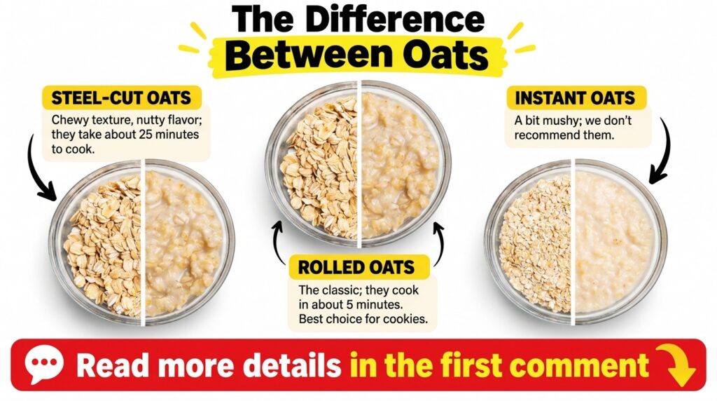 An infographic comparing steel-cut rolled and instant oats in glass bowls showing both dry and cooked forms with descrip
