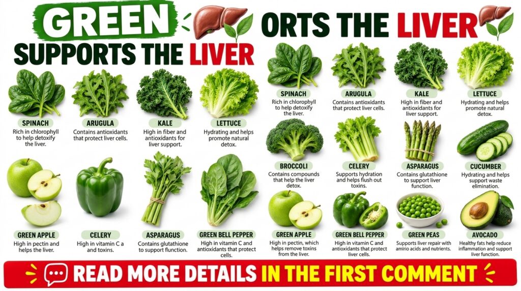 Infographic showing various green foods that support liver health with labels for each food